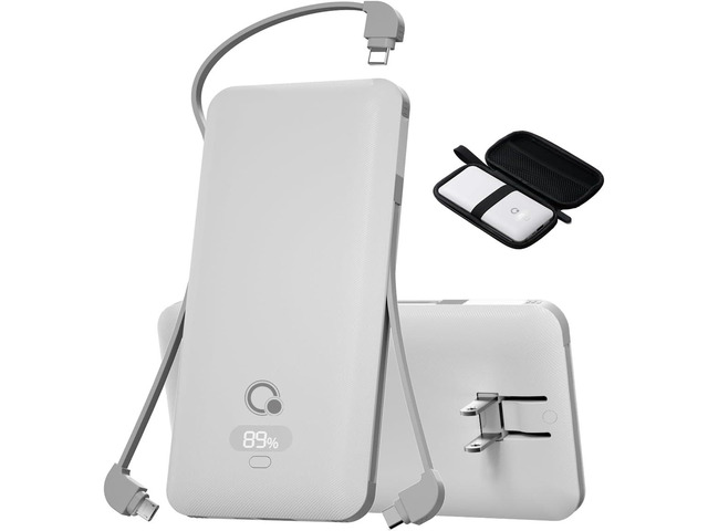 Brand Q 10000mAh Portable Charger with Built-in Cables and AC Wall Plug, USB C Fast Charging Power Bank with 3 Cords,5 Output External Battery Pack...