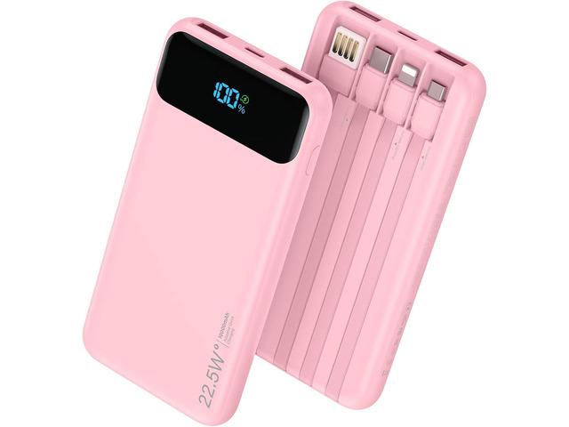 Portable Charger, 10000mAh 22.5W Fast Charging Power Bank with 4 Built-in Cables, Travel Essentials Battery Pack with LED Display, 6 Outputs...
