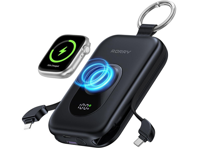 RORRY Portable Charger, 20000mAh PD 30W Portable Charger Power Bank with 2 Built-in Cables, Super Fast Charging Battery Pack with Keychain, Travel...