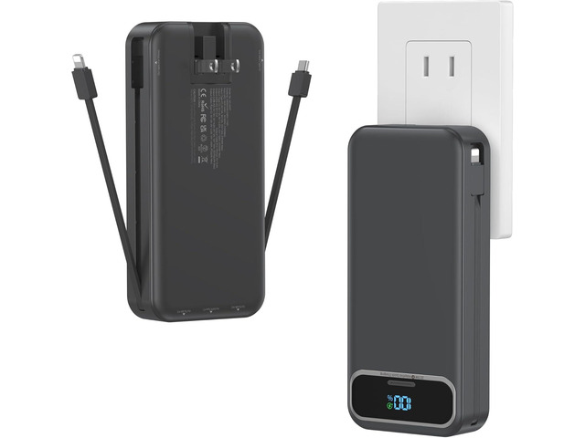 20000mAh Lightweight-Portable-Charger-Power-Bank with Built-in Cables and AC Wall Plug, PD20W USB-C Fast Charging Battery Pack, LED Display...