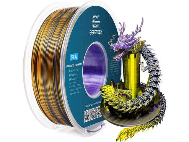 Geeetech Silk PLA Tri Color Filament 1.75mm 3D Printer Filament, Coextrusion Purple Gold Black Tri-Colors Metal-Like Shiny Silk PLA Filament, 1kg...