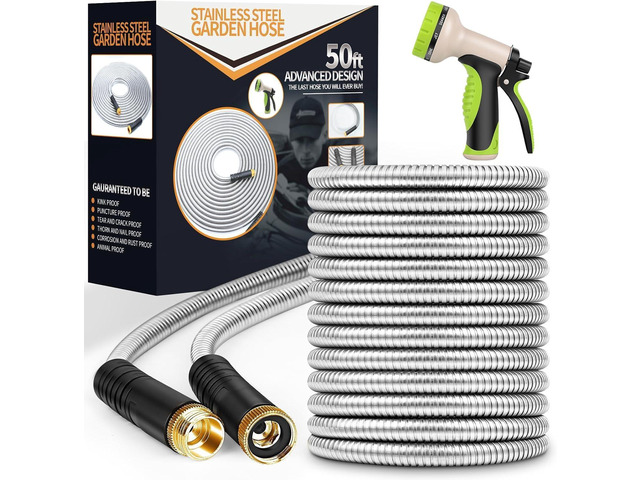 Garden Hose 50 ft, Stainless Steel Water Hose with 10 Function Nozzle Flexible, Heavy Duty, Lightweight, No-Kink, Pet Proof, Puncture Proof Hose...
