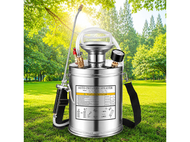 1.5Gal Stainless Steel Pump Up Sprayer Reinforced Hose, Hand Pump Sprayer with Pressure Gauge & Safety Valve, Adjustable Nozzle Suitable for...
