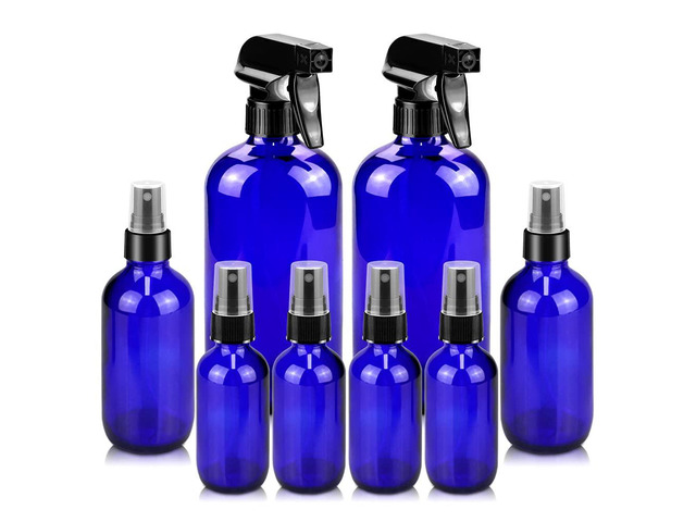 Worldgsb Glass Spray Bottles, 16oz*2+4oz*2+2oz*4 Refillable Containers, Empty Boston Round Bottles with Adjustable Nozzle for Cleaning, Gardening,...