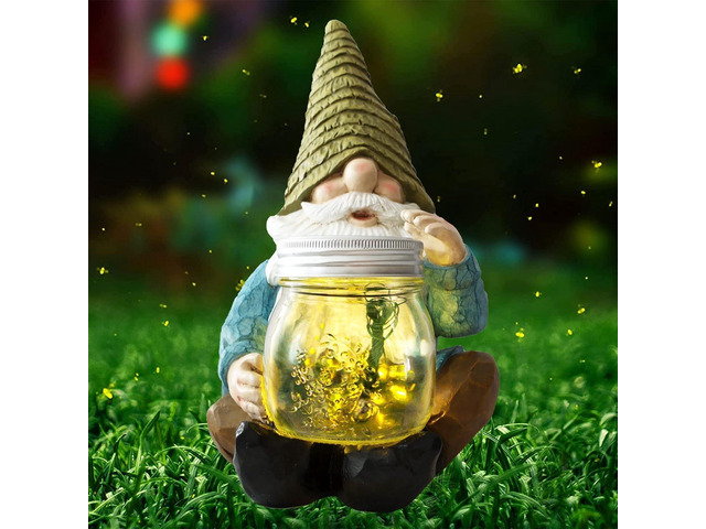 Solar Firefly Jar Gnome Resin LED Garden Statue Waterproof hand-painted resin; flickering firefly LED lights; holiday gift for women mom grandma