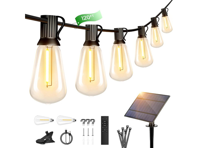 OHLUX 120FT Solar String Lights Outdoor with Remote, 2200K Soft Warm Patio Lights with 52 Shatterproof Tear-Drop LED Filament ST38 Bulbs, Dimmable...