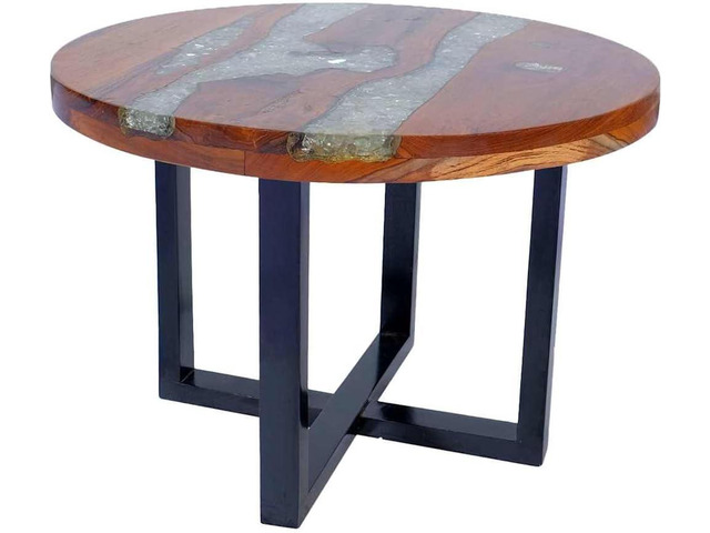 vidaXL Coffee Table, Round End Table with Wood Legs, Side Table for Living Room Bedroom, Home Furniture, Industrial Style, Teak Resin