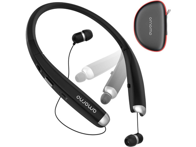 AMORNO Foldable Bluetooth Headphones, Wireless Neckband Sports Headset with Retractable Earbuds, Sweatproof Noise Cancelling Stereo Earphones with Mic