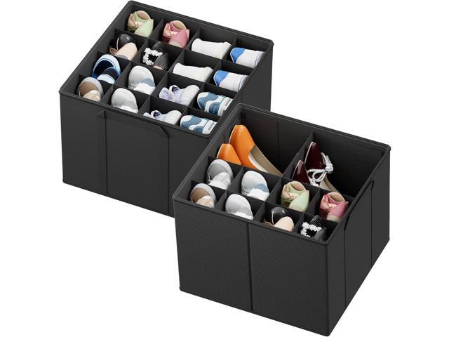 SpaceAid Shoe Organizer for Closet, 2 Pack Foldable Shoe Storage Containers Baskets Boxes Bins w/Adjustable Dividers, Fits 16-32 Pairs, Black