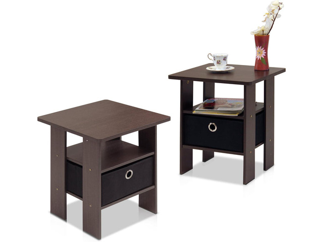 Furinno Andrey Set of 2 End Table / Side Table / Night Stand / Bedside Table with Bin Drawer, Dark Brown/Black