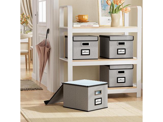 Huolewa Upgraded Portable File Organizer Box with Lid, Collapsible Linen Hanging Filing Storage Boxes with Plastic Slides, Decorative Home/Office...