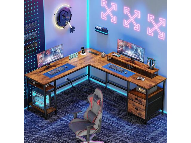 Furologee 66 L Shaped Desk with Power Outlet, Reversible Computer Gaming Desk with File Drawer & 2 Monitor Stands for Home Office with Storage...