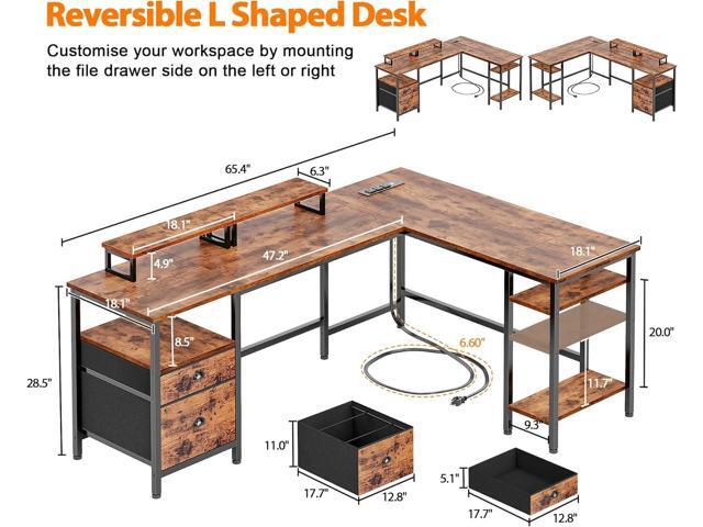 Furologee 66 L Shaped Desk with Power Outlet, Reversible Computer Gaming Desk with File Drawer & 2 Monitor Stands for Home Office with Storage...