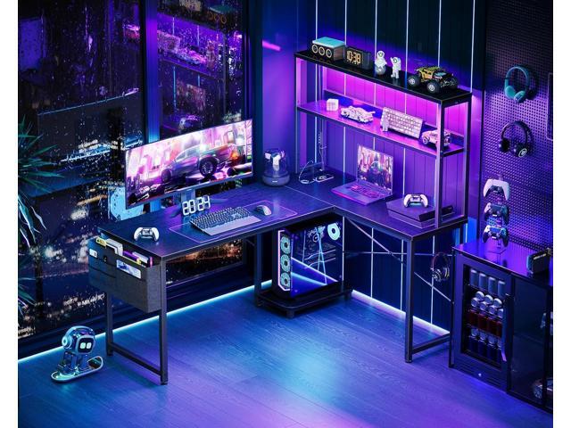 AODK L Shaped Desk Gaming Desk with LED Light & Power Outlet, 53 Inch Reversible L Shaped Computer Table with Shelf & Storage Bag & Hook for Home...