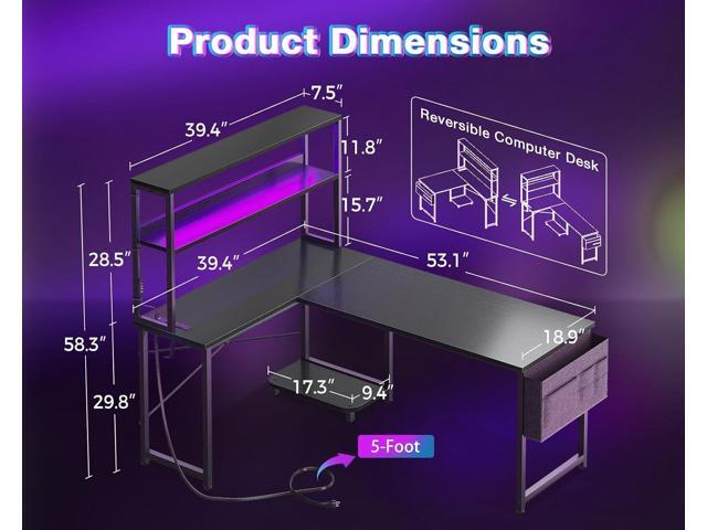 AODK L Shaped Desk Gaming Desk with LED Light & Power Outlet, 53 Inch Reversible L Shaped Computer Table with Shelf & Storage Bag & Hook for Home...