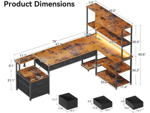AODK 79 inch L Shaped Desk with 5 Drawers, Reversible L Shaped Gaming Desk with LED Light & 2 Power Outlets, Computer Desk with Storage Shelves for...