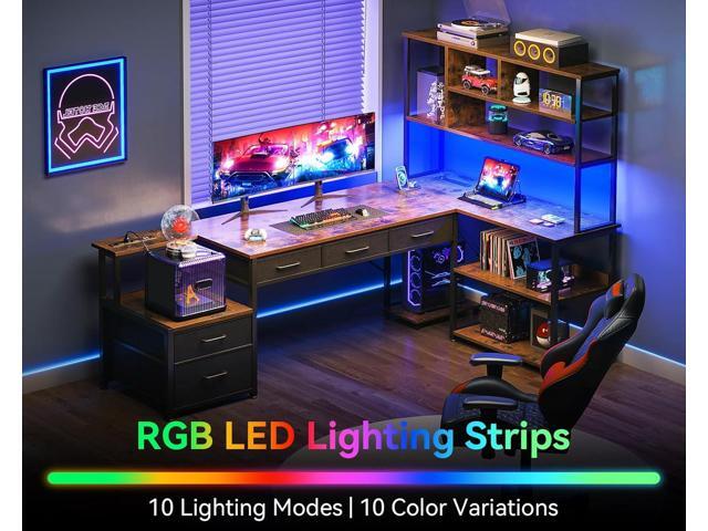 AODK 79 inch L Shaped Desk with 5 Drawers, Reversible L Shaped Gaming Desk with LED Light & 2 Power Outlets, Computer Desk with Storage Shelves for...