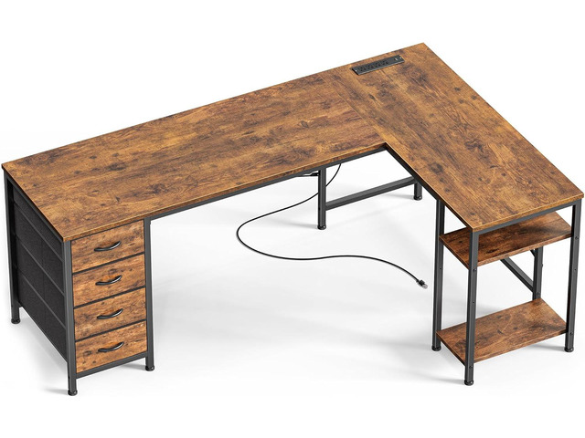 Huuger 63 Inch L Shaped Desk with Fabric Drawers, Computer Office Desk with Power Outlets and USB-C Port, Corner Desk with Storage Shelves, for...