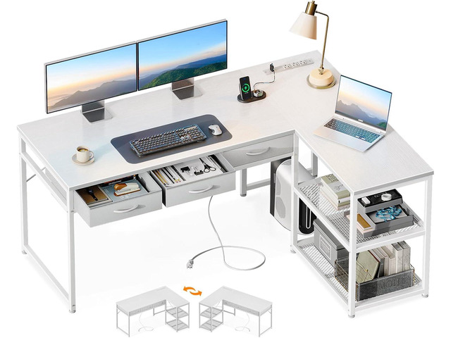 AODK 53 Inch L Shaped Computer Desk with Drawers, Corner Desk with Power Outlets & Reversible Storage Shelves, Movable CPU Stand for Home Office...