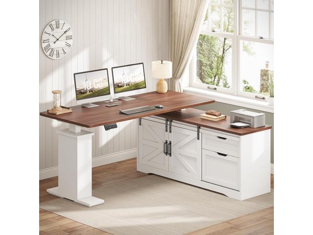 SEDETA Farmhouse L Shaped Standing Desk, 55 inch Height Adjustable Corner Desk with Storage Drawers, Standing Computer Desks with Power Outlets for.