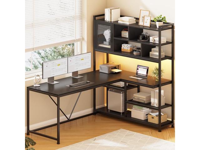 SEDETA L Shaped Computer Desk, 58'' Office Desk with LED Light and Bookshelf, L Shaped Corner Desk with Storage Shelves for Home Office, Gaming.