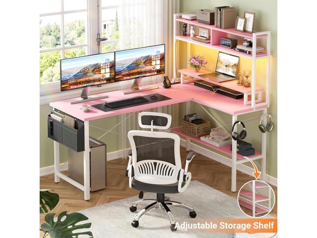 Aheaplus L Shaped Gaming Desk with Power Outlets & LED Lights, Small L- Shaped Desk Computer Corner Desk with Monitor Stand & Storage Shelf, Home...