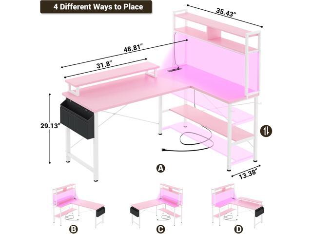 Aheaplus L Shaped Gaming Desk with Power Outlets & LED Lights, Small L- Shaped Desk Computer Corner Desk with Monitor Stand & Storage Shelf, Home...