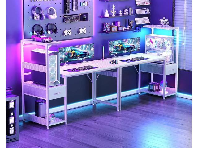 Casaottima 48 Inch Gaming Desk with Storage & LED Lights, Reversible Computer Desk with Display Shelves & Fabric Drawer, Modern Gamer Desk Table...