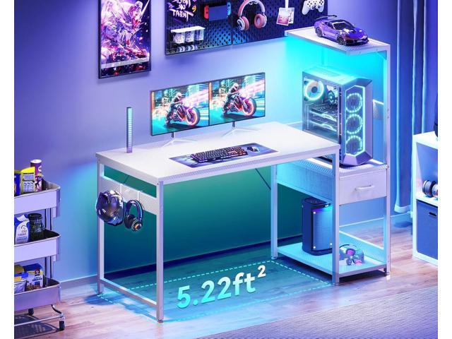 Casaottima 48 Inch Gaming Desk with Storage & LED Lights, Reversible Computer Desk with Display Shelves & Fabric Drawer, Modern Gamer Desk Table...