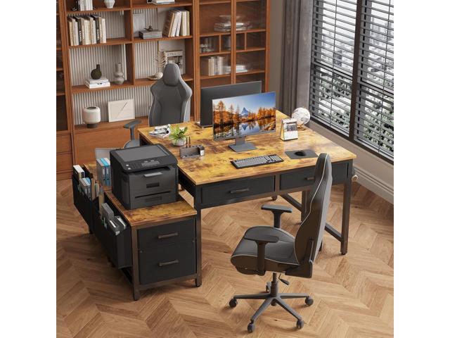 Lufeiya Computer Desk with Fabric File Drawers Cabinet, 57 Inch Home Office Desks with Filing Cabinet Printer Stand for Small Space, Study Writing...