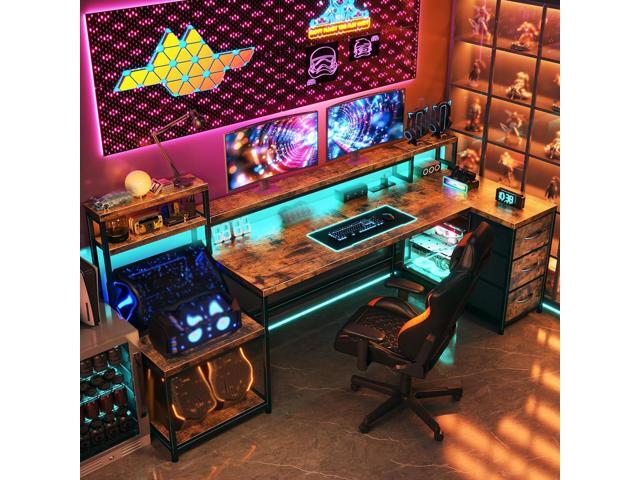 EnHomee 71' L Shaped Computer Desk with 3 Drawers & Hutch,Reversible Gaming Desk with LED Lights & Power Outlet,Home Office Desks with Monitor...