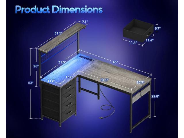 MOTPK L Shaped Gaming Desk with Shelf & 4 Drawers, 43' Reversible Computer Desk with LED Light, Home Office Table with Hutch and Hook, Oak Grey