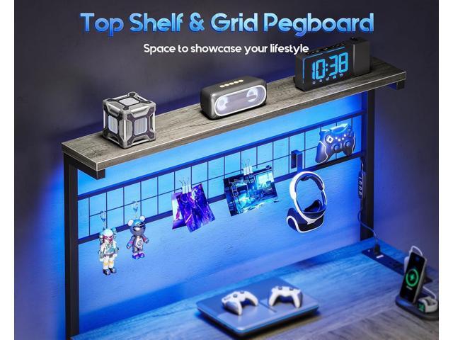 MOTPK L Shaped Gaming Desk with Shelf & 4 Drawers, 43' Reversible Computer Desk with LED Light, Home Office Table with Hutch and Hook, Oak Grey