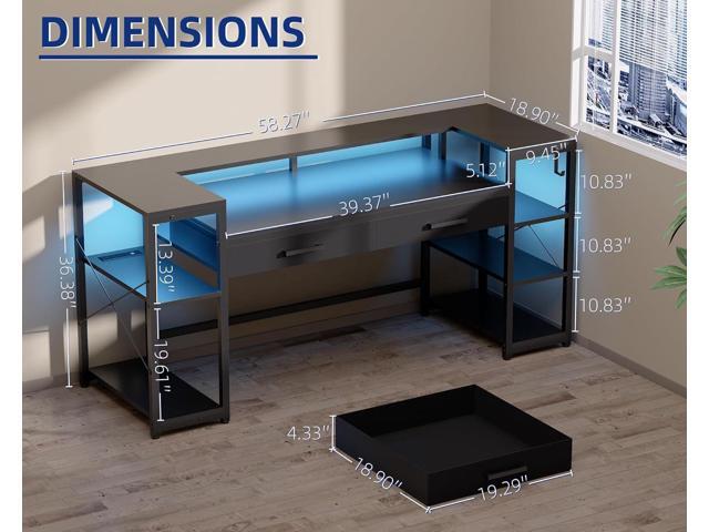 Pamray 58 Inch Computer Desk with Monitor Stand and Shelves Gaming Desk with LED Lights & Power Outlets PC Vanity Table with 2 Drawers for Home...