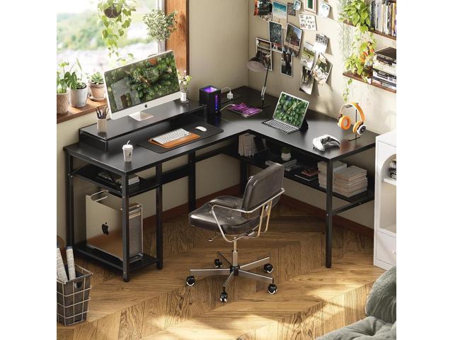 Unikito Reversible L Shaped Desk with Magic Power Outlets and Smart LED Light, Sturdy Corner Computer Desk with Monitor Stand & Storage Shelves,...