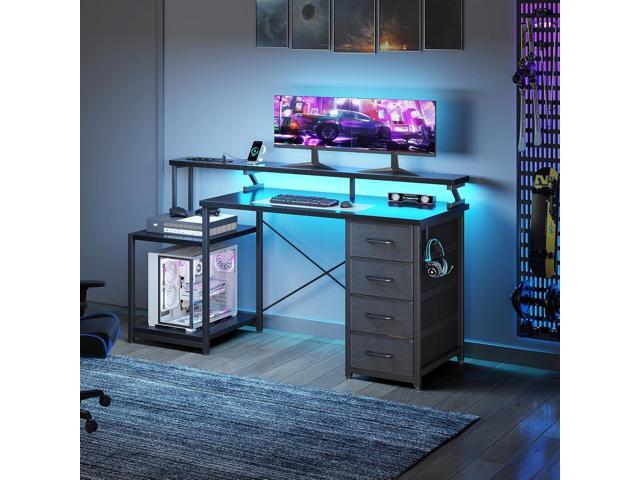 ODK 55 Inch Computer Gaming Desk with Power Outlets & 4 Drawers, Home Office Desk with Monitor Stand & Printer Shelves, Black