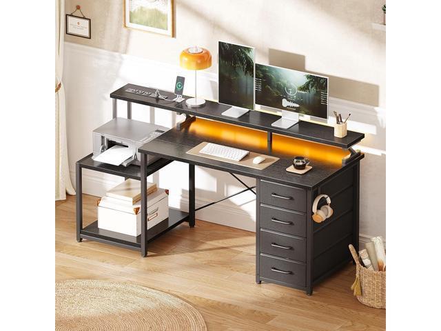 ODK 55 Inch Computer Gaming Desk with Power Outlets & 4 Drawers, Home Office Desk with Monitor Stand & Printer Shelves, Black