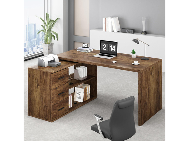 HSH L Shape Home Office Desk with Drawers, L-Shaped Computer Desk with Storage Cabinet Shelves, Wood Executive Desk for Writing Work, Reversible...