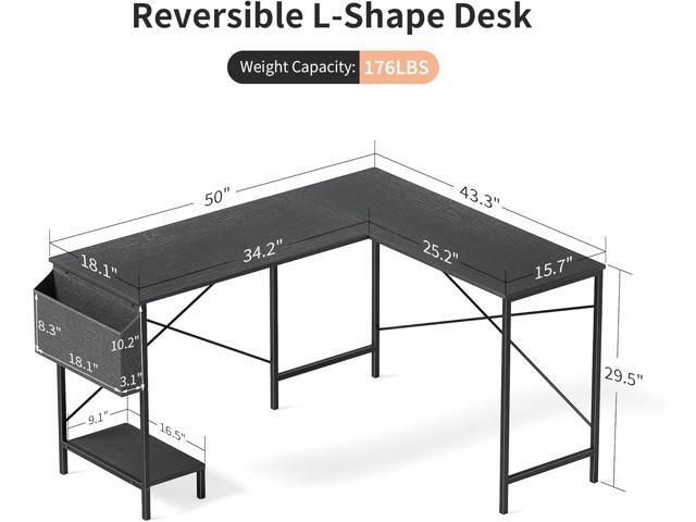 Simple Deluxe L Shaped Desk Gaming Computer 50 Inch Reversible Corner Table PC Work Table for Writing Study Student with Wood Tabletop Metal Frame...