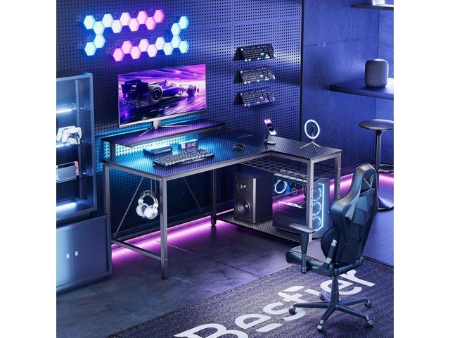 Bestier Gaming Desk with Power Outlets, 42' L-Shaped Computer Desk with LED Lights, Desk with Reversible Storage Shelves & Hooks for Small Spaces,...