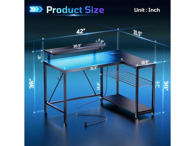 Bestier Gaming Desk with Power Outlets, 42' L-Shaped Computer Desk with LED Lights, Desk with Reversible Storage Shelves & Hooks for Small Spaces,...