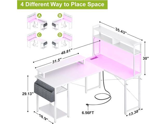 Small L Shaped Desk Gaming Desk with Power Outlets, 48' Reversible L Shaped LED Computer Desk with Monitor Stand & Storage Shelf, Corner Gamer Desk...