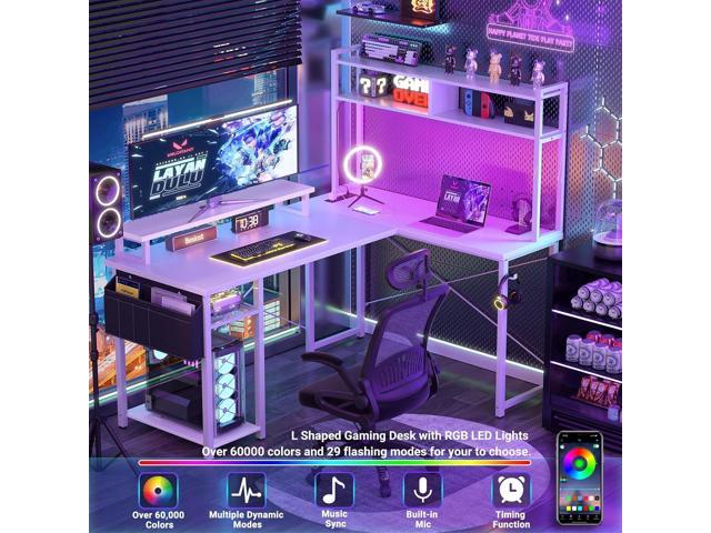 Small L Shaped Desk Gaming Desk with Power Outlets, 48' Reversible L Shaped LED Computer Desk with Monitor Stand & Storage Shelf, Corner Gamer Desk...