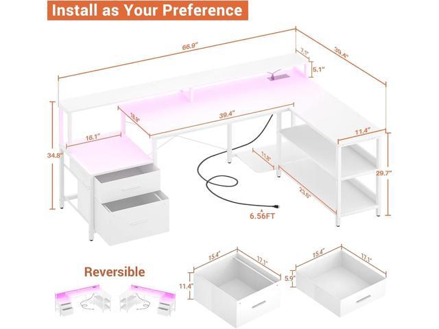 Aheaplus L Shaped Desk with File Drawer, 66' Reversible L Shaped Computer Desk with Power Outlet & LED Strip, Gaming Desk with Long Monitor Stand,...