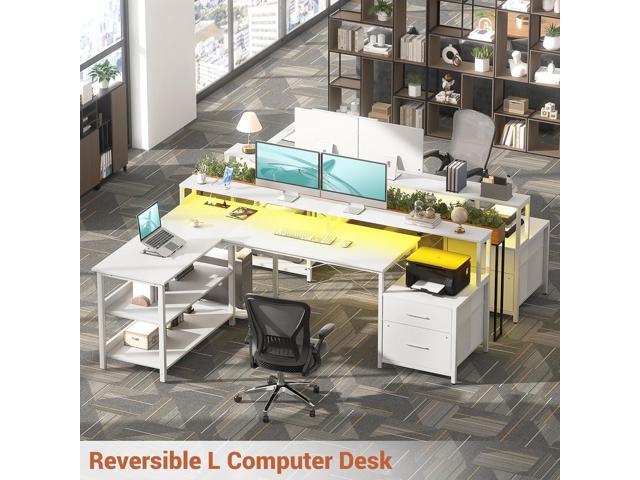 Aheaplus L Shaped Desk with File Drawer, 66' Reversible L Shaped Computer Desk with Power Outlet & LED Strip, Gaming Desk with Long Monitor Stand,...