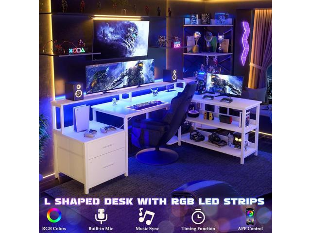 Aheaplus L Shaped Desk with File Drawer, 66' Reversible L Shaped Computer Desk with Power Outlet & LED Strip, Gaming Desk with Long Monitor Stand,...