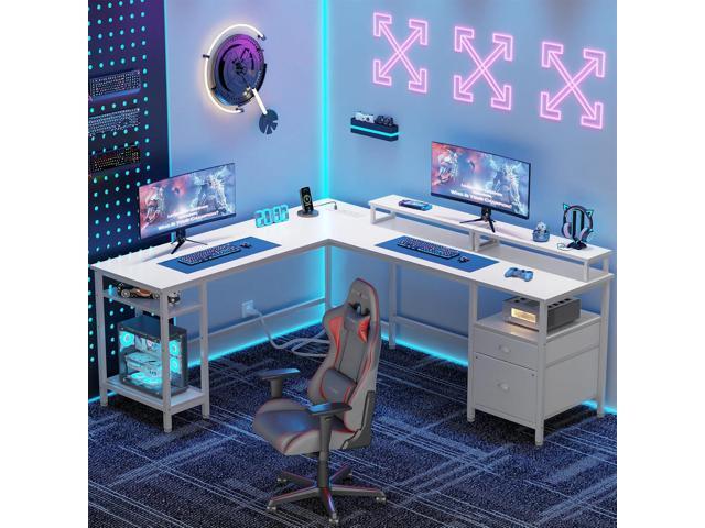 Furologee 66 L Shaped Desk with Power Outlet, Reversible Computer Gaming Desk with File Drawer & 2 Monitor Stands for Home Office with Storage...