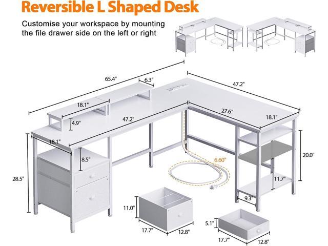 Furologee 66 L Shaped Desk with Power Outlet, Reversible Computer Gaming Desk with File Drawer & 2 Monitor Stands for Home Office with Storage...