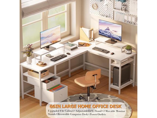 Furologee 66 L Shaped Desk with Power Outlet, Reversible Computer Gaming Desk with File Drawer & 2 Monitor Stands for Home Office with Storage...