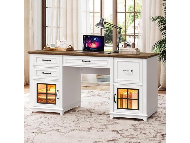 58' Executive Desk, Farmhouse Computer Desk with Drawers and File Cabinet, LED Light, Wooden Home Office Desk with Charging Station, Workspace for...